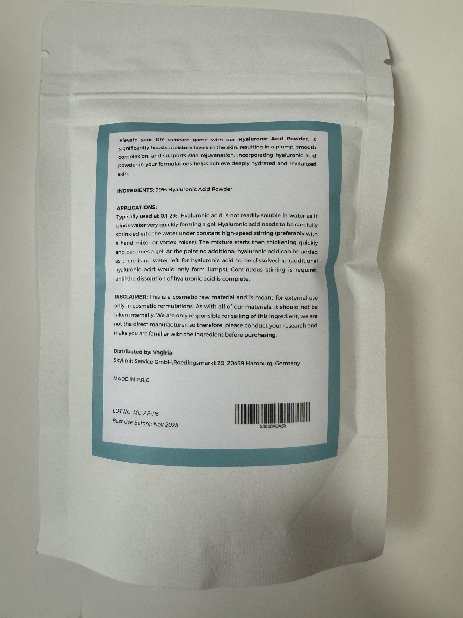 Vagiria Hyaluronic Acid Powder for DIY Skincare - 99% Purity, Ultimate Moisturizer, Smoother Skin, Wrinkle-Reducing Elixir, Perfect for Post-Peel Care