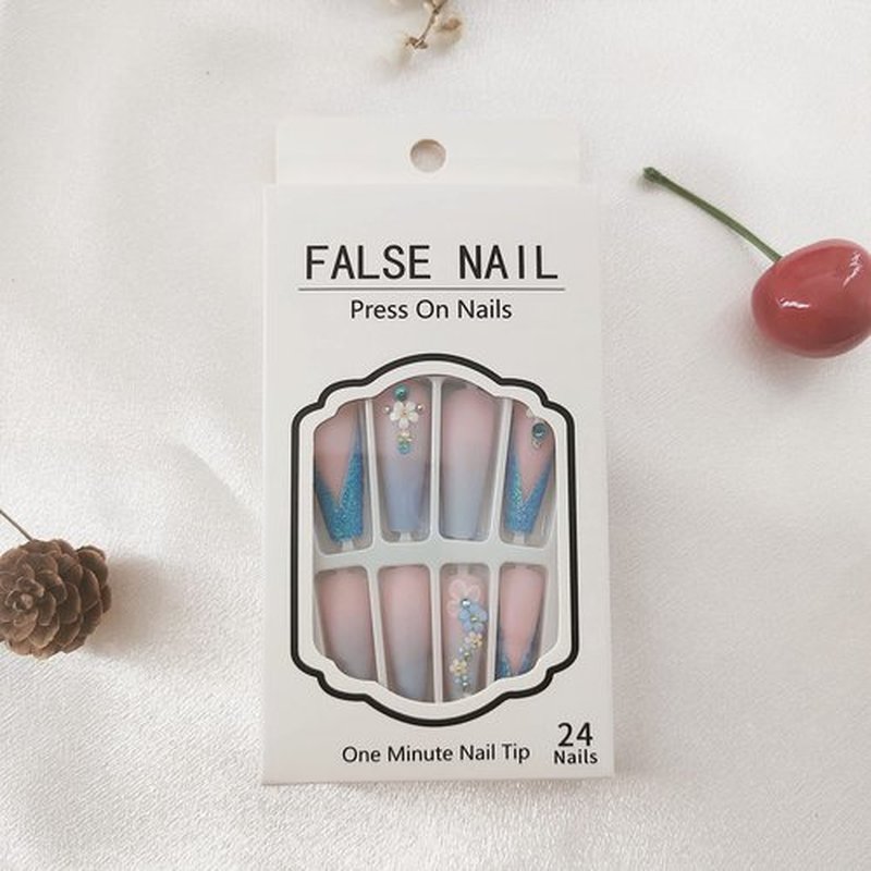 24Pcs Long Press-on Coffin Fake Nails with Flowers Designs, Full Cover Acrylic Matte False Nails Gradient with Rhinestones, Stick-on Nails for Women