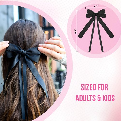 Styla 3 Piece Satin Hair Bow Clips: Metal Alligator No Slip Design, Double Long Tail Ribbons for Women & Girls - Black