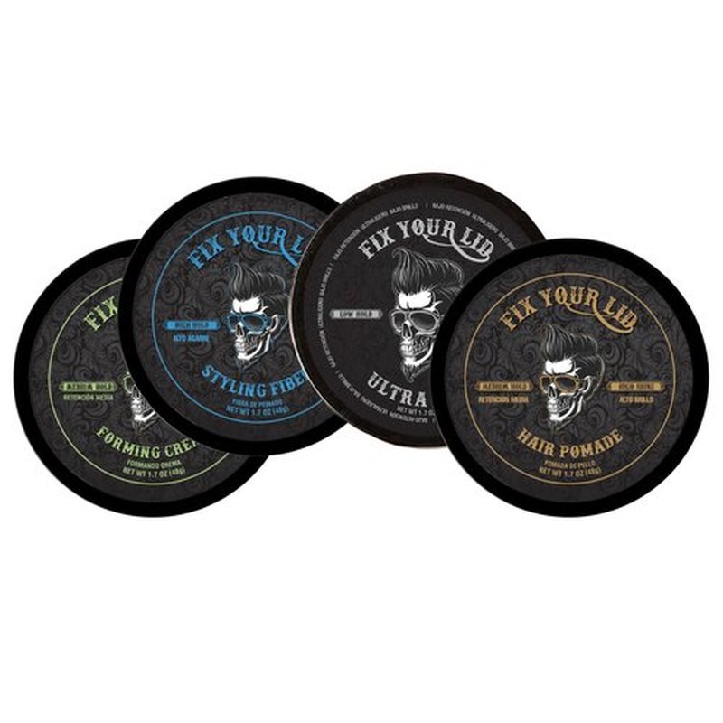 Fix Your Lid Travel Variety Pack | 4pk 1.7oz - Ultra Light Pomade Low Hold - Forming Cream Medium Hold - Styling Fiber High Hold - Hair Pomade Medium Hold High Shine - Mens Hair Styling Set