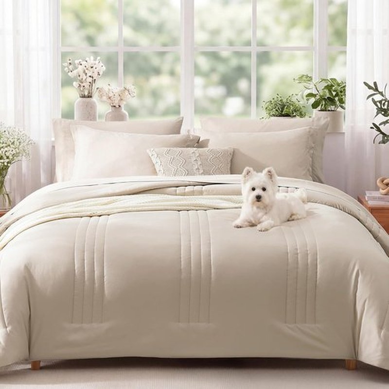 Monbix Queen Comforter Set - 7-Piece Beige Bedding Set with All-Season Comforter, Sheets & Pillowcases