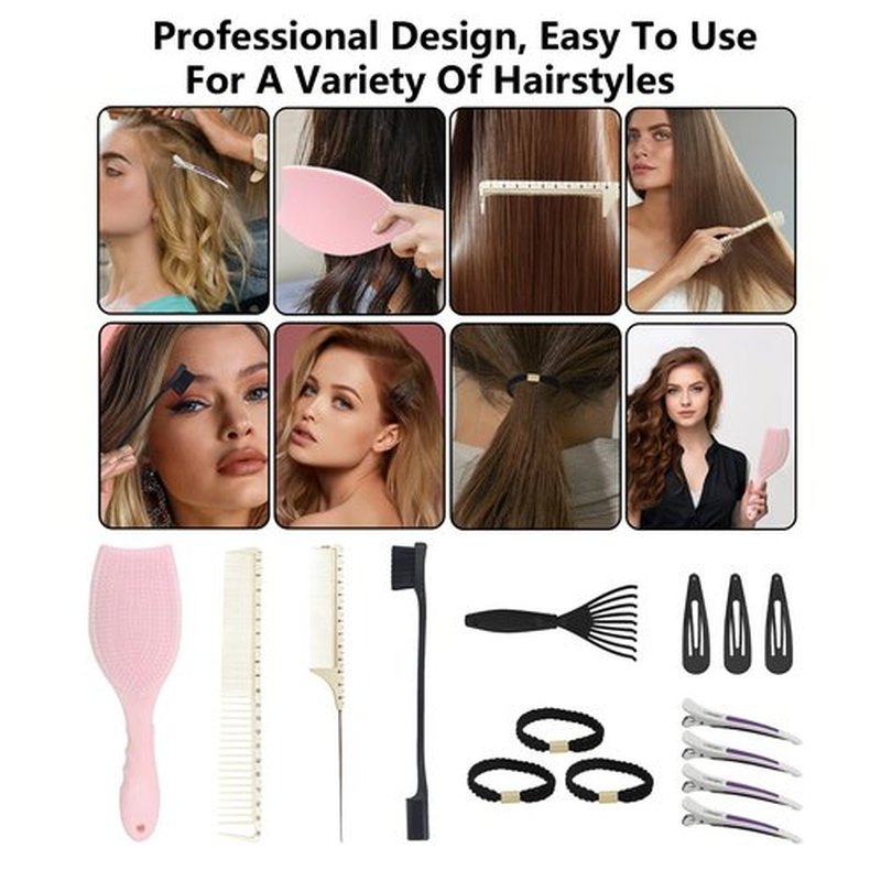 Homfu Hair Brush Set, Professional Styling Tools with Combs and Accessories, Pink, Gift Box Included (Pink Brush+Black Brush)