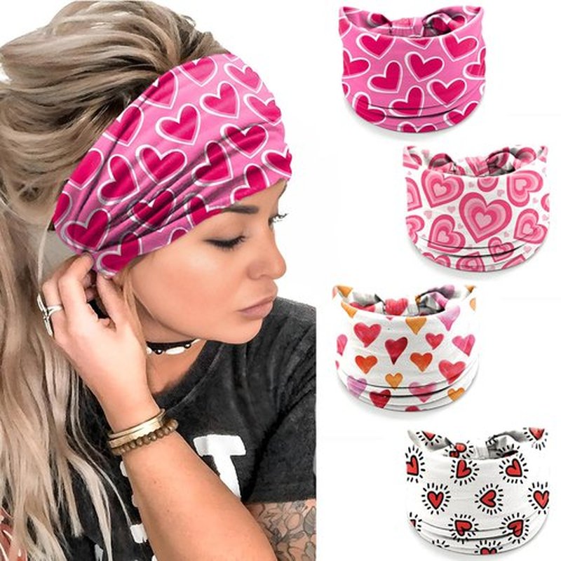 4 Pcs Valentine's Day Headbands for Women, Pink Wide Turban Dress Up Costume Breathable Stretchy Non Slip Head Wrap, Love Heart Printed Pattern Holiday Fall Winter Hair Band for Yoga Running Party