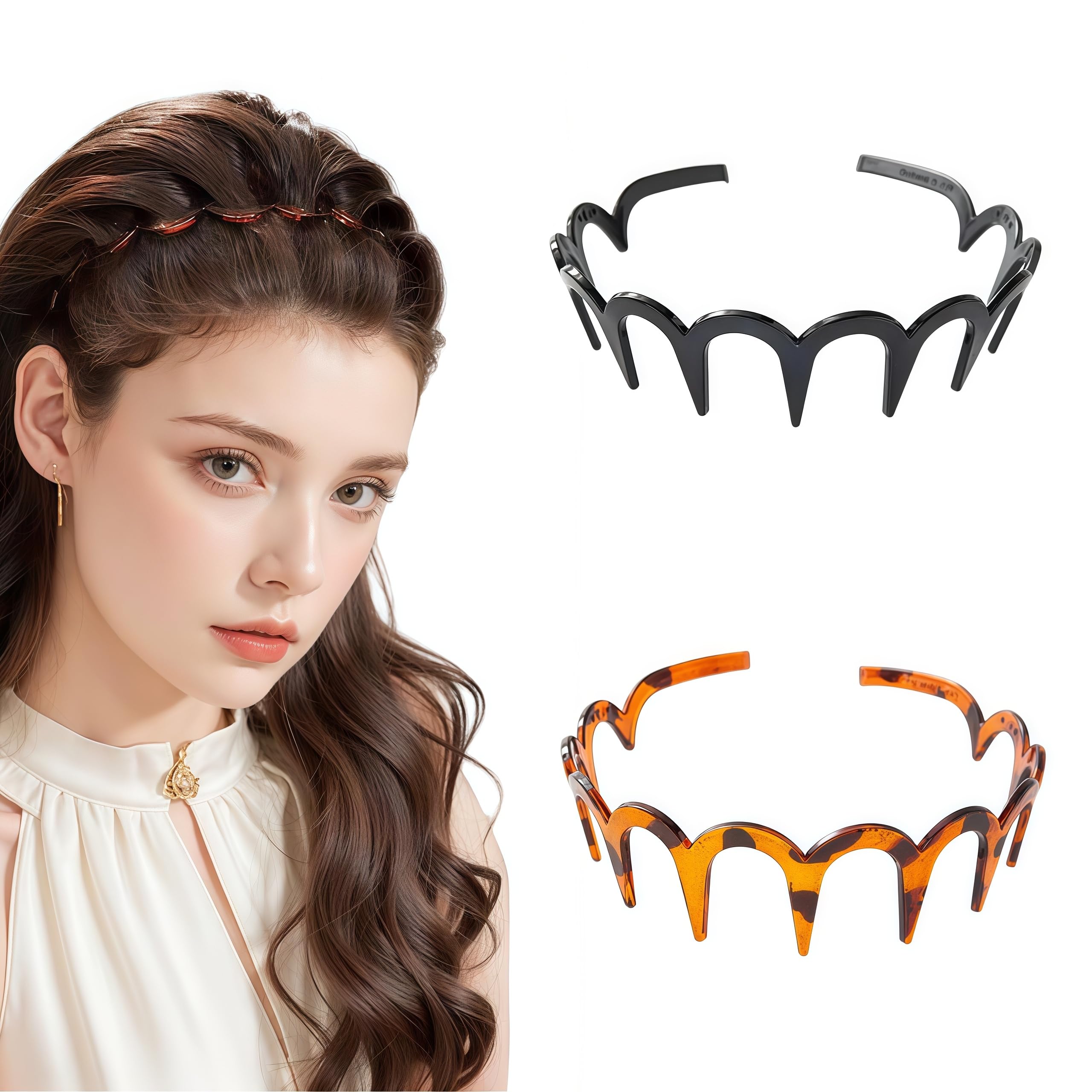 USHJNV New U Shape Fashion Tooth Hair Comb Headband, High Cranium Head Bands for Women's Hair, Reversible Korean Headbands with Teeth, Zigzag Headbands for Women (Amber color + Glossy black,2 Pieces)