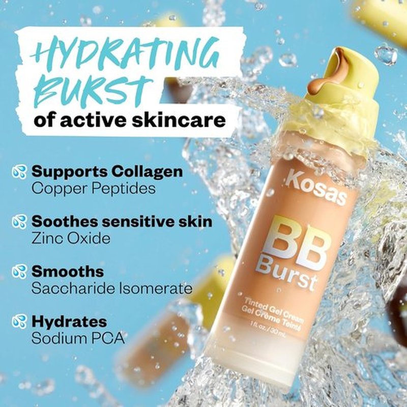 Kosas BB Burst Tinted Face Gel Cream - Hydrating & Lightweight Buildable Coverage - Medium Deep Neutral Olive 31 (1 Oz/30 ML)