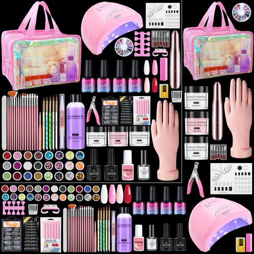 Nail Kit for Beginners with Everything: Practice Hand Acrylic Nail Kits Professional U/V Lamp Powder Drill Liquid Starter Set with Gel Polish in Cosmetic Gift Bag for Women Salon Home(Holo Pink)