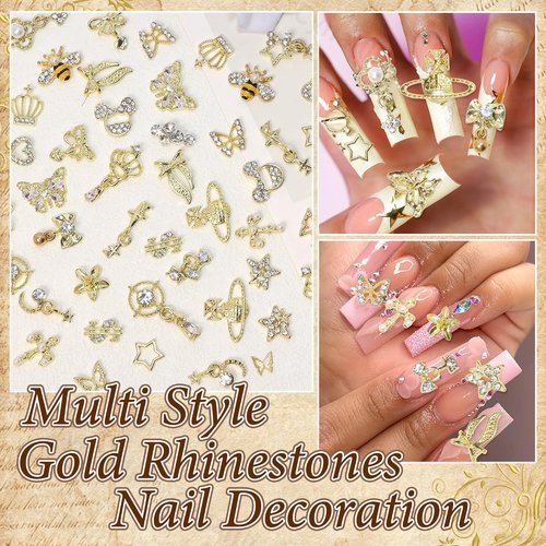 50 Pcs Gold Nail Charms, Gold Dangle Star Heart Bows Nail Charms and Gems Metal Bees Butterfly Crown Planet Cross Dollar Sign Golden Nails Art Supplies for Women DIY Accessories