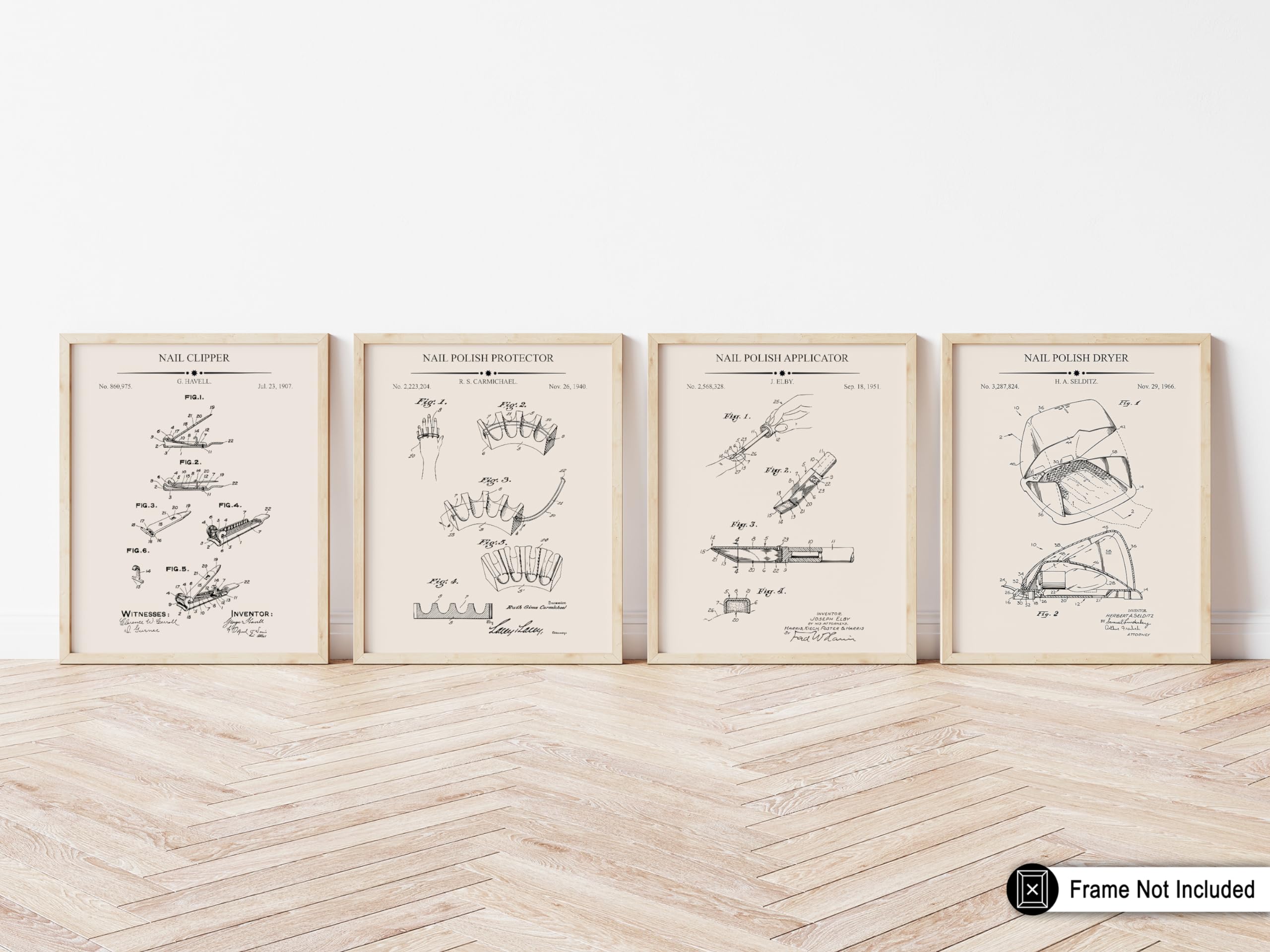 Poster Master 4-Piece Nail Polish Protector Patent Print - Nail Clipper Blueprint Poster - Polish Applicator & Dryer Art - Technical Drawing Wall Design - Salon Decor - 8x10 UNFRAMED Wall Art