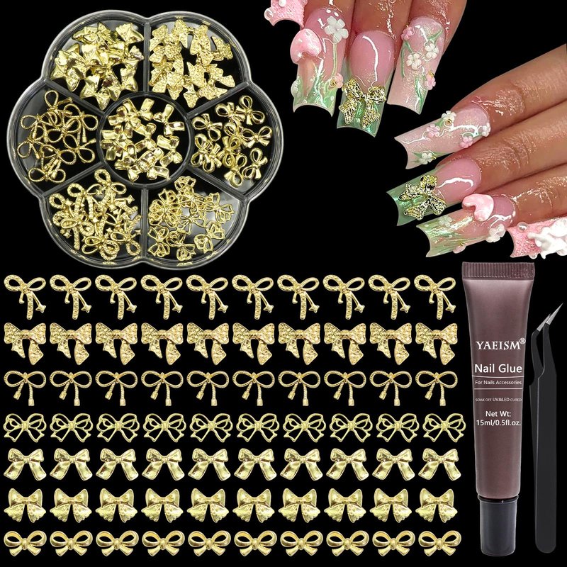 YAEISM Bow Nail Charms Gold 3D Bowknot Nail Bow Charms 70PCS Bow Nail Art Charms Kits with Glue Gel,Tweezer for Nail Art and DIY Crafts Decoration