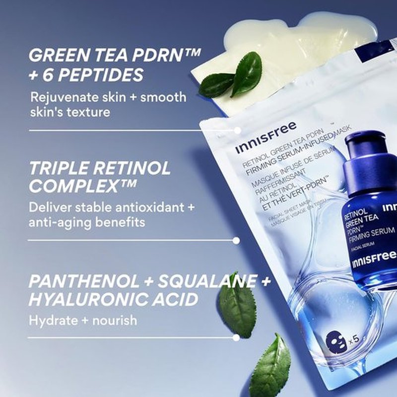 Innisfree Retinol Green Tea PDRNTM Serum Mask - 5 Pack for Firming & Smoothing All Skin Types