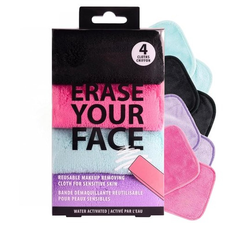 ERASE YOUR FACE Reusable Makeup Remover Cloths - Microfiber Towels for Gentle Cleansing - Multi-Color (4 Count)