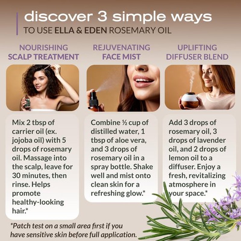 Ella & Eden Organic Rosemary Essential Oil - BIG 4 Fl Oz bottle, 100% Pure, Steam-Distilled, Hexane-Free - for Hair Growth, Skin, Aromatherapy - Glass Bottle