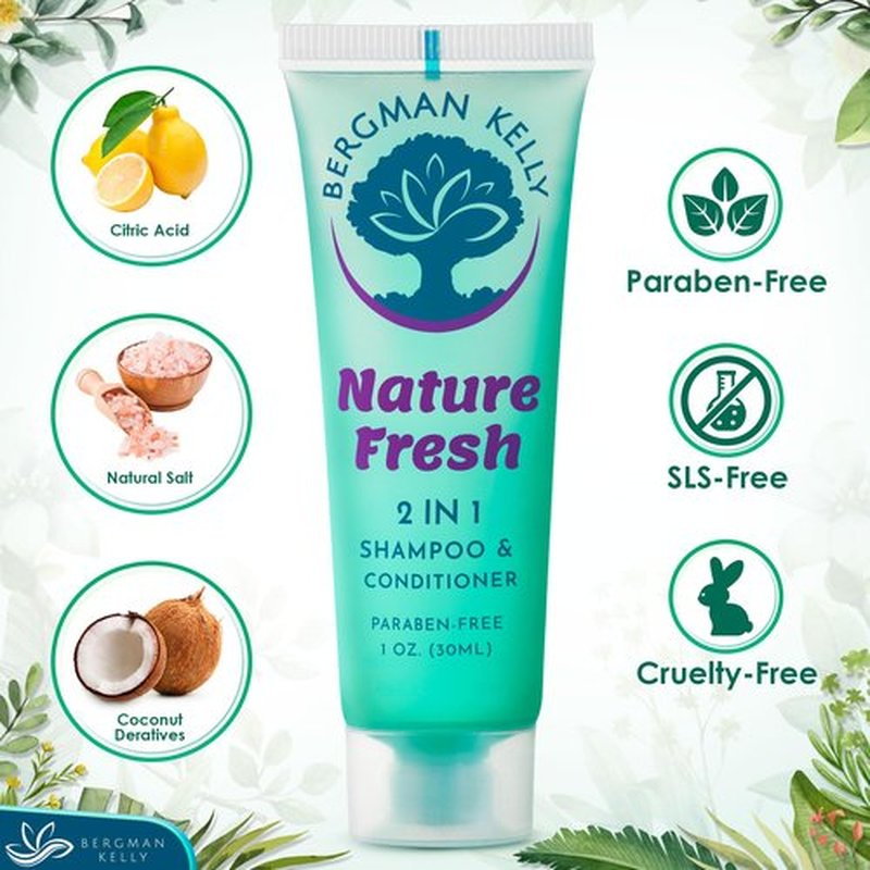 Bergman Kelly - Travel Size 2 in 1 Shampoo & Conditioner - 1 fl oz, 100 PK, Nature Fresh - Delight Your Guests w/Refreshing & Soothing Shampoo Amenities - Small Hotel Toiletries in Bulk