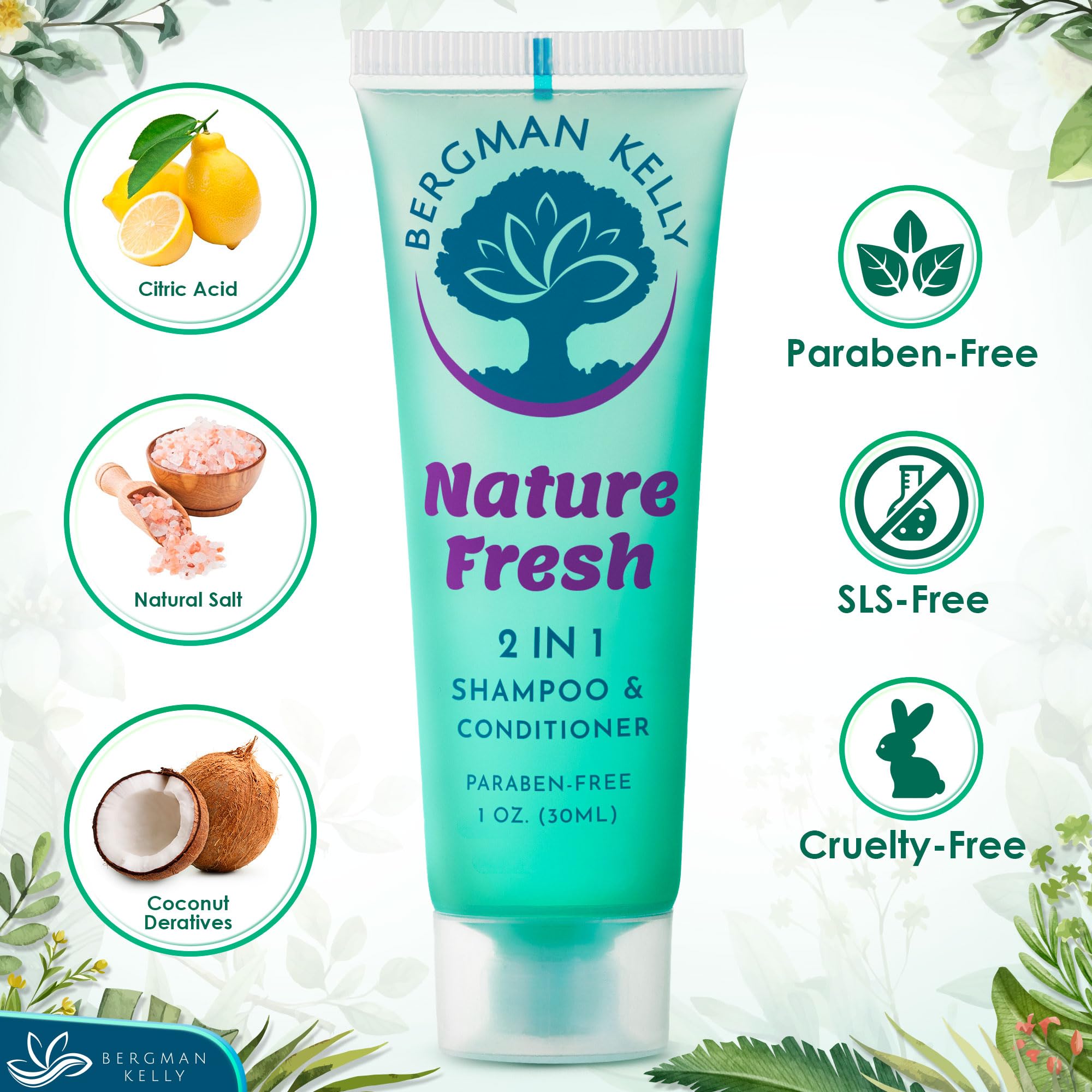 Bergman Kelly - Travel Size 2 in 1 Shampoo & Conditioner - 1 fl oz, 100 PK, Nature Fresh - Delight Your Guests w/Refreshing & Soothing Shampoo Amenities - Small Hotel Toiletries in Bulk
