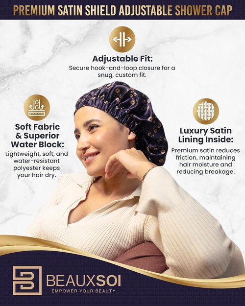 BEAUXSOI Luxury Reusable Shower Cap - Satin Lined, Adjustable & Waterproof | Floral Design (Fleur de Nuit)