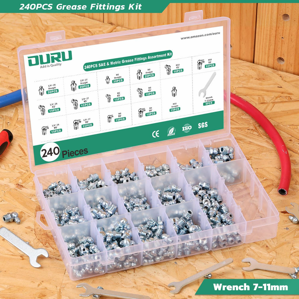 OURU Grease Fittings Assortment, 240PCS SAE & Metric Zerk Grease Fittings NPT 1/4" 1/8" M6 M8 M10, Straight 45 90 Degree Grease Nipple with Wrench Kit(7-11mm) for Grease Gun