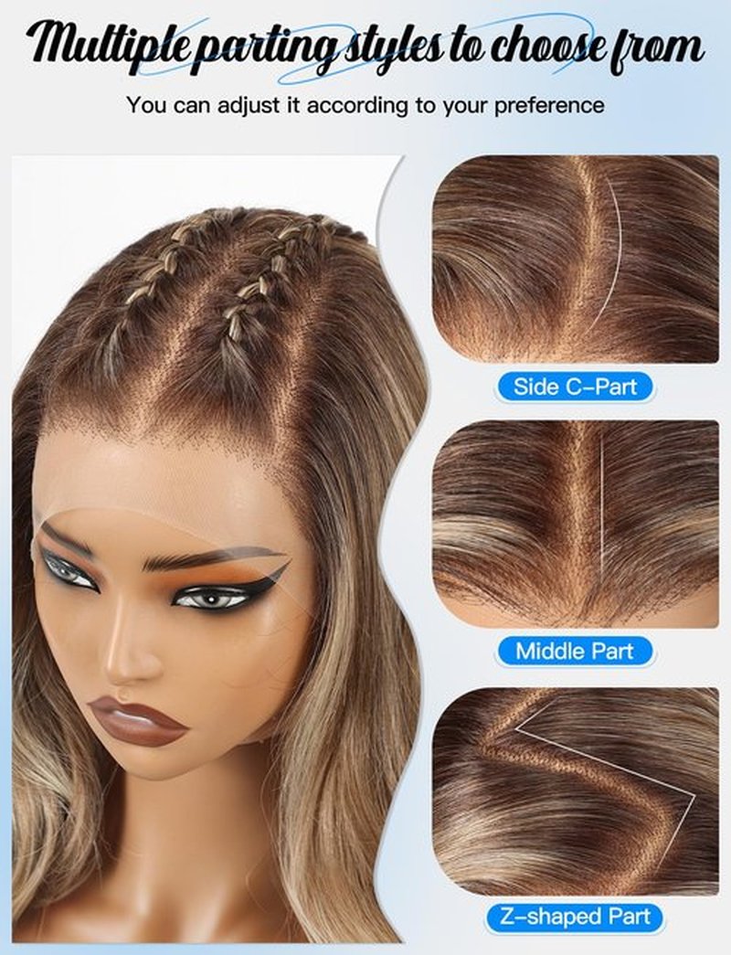 HAIRCUBE 13×6 Glueless Lace Front Wavy Wig, 26 Inch Lace Synthetic Wigs for Women Brown Highlights Color