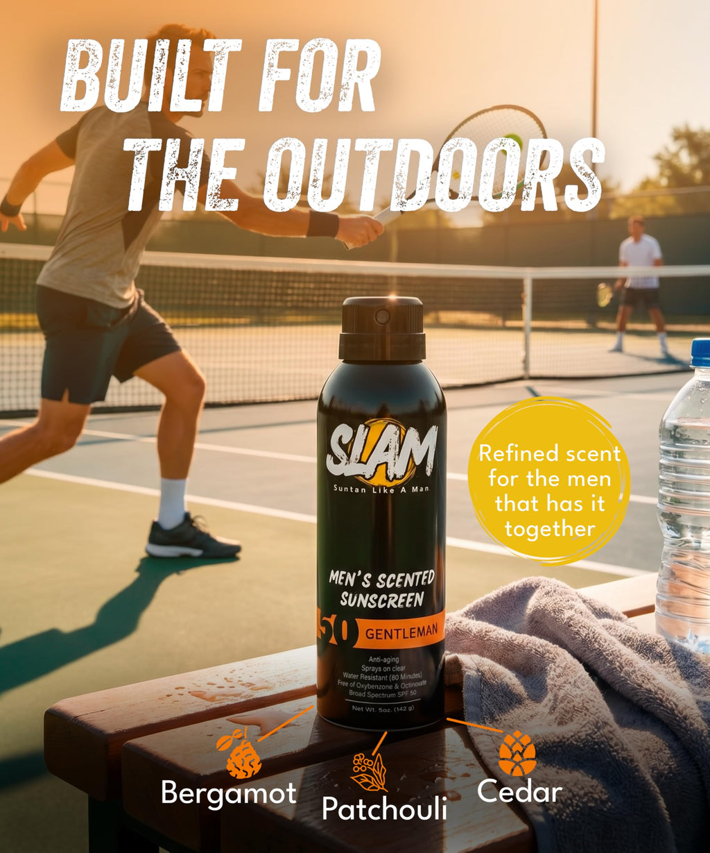 SLAM Men’s Sunscreen SPF 50 Spray - Broad Spectrum UVA/UVB Protection - Non-Greasy & No Harsh Chemicals - GentleMan Bergamot Cedar Patchouli Cologne Scented - 2 Pack