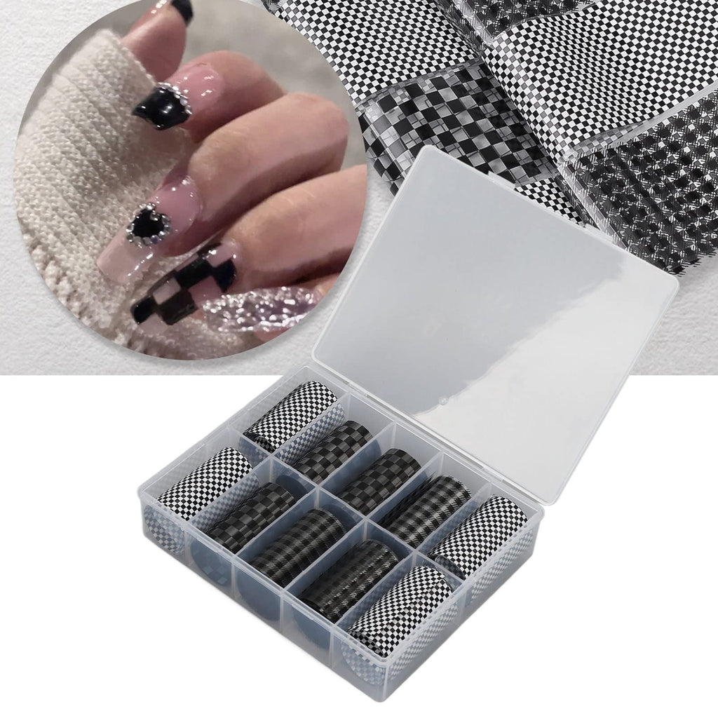 FILFEEL 1 Box Nail Foil Transfer Stickers Decals, Print Black White Plaid Nail Art Sticker, DIY Nail Art Design Tool Stickers Decals Decorations Acrylic Nails Supplies for Home and Nail Salon