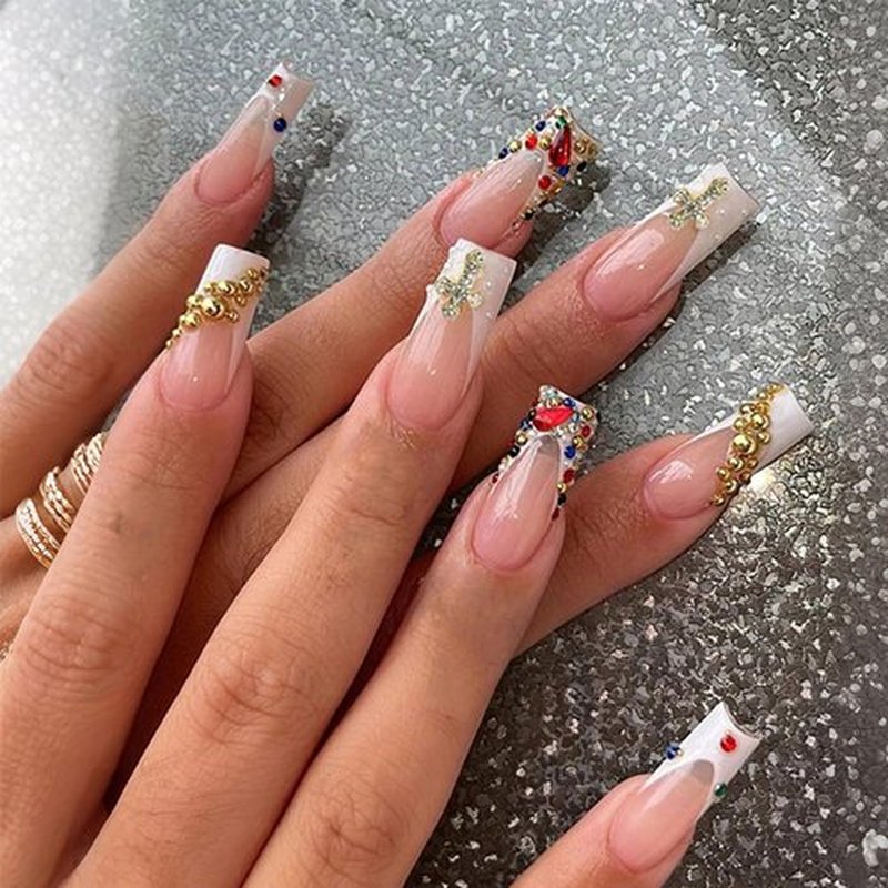 IMSOHOT French Tip Press on Nails - Long Square, Cross Charms, Colorful Rhinestone, Golden Beads Design, White Nude, Luxury, Acrylic Glossy Fake Nails Full Cover Glue on False Nails 24Pcs