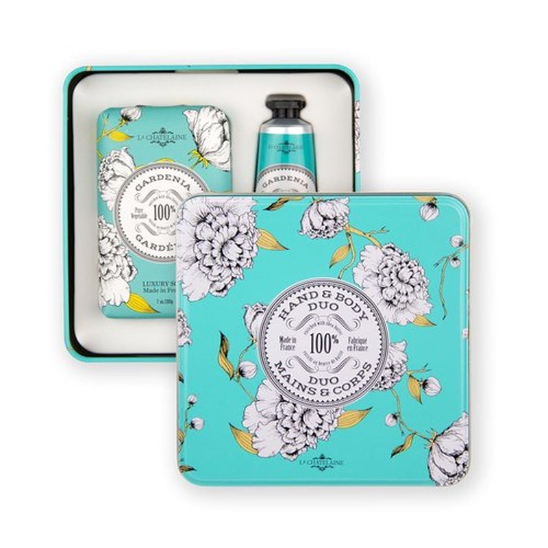 La Chatelaine Gardenia Soap & Shea Butter Hand Cream Gift Set - Natural & Organic | Decorative Tin (7 oz. Soap, 1 oz. Lotion)