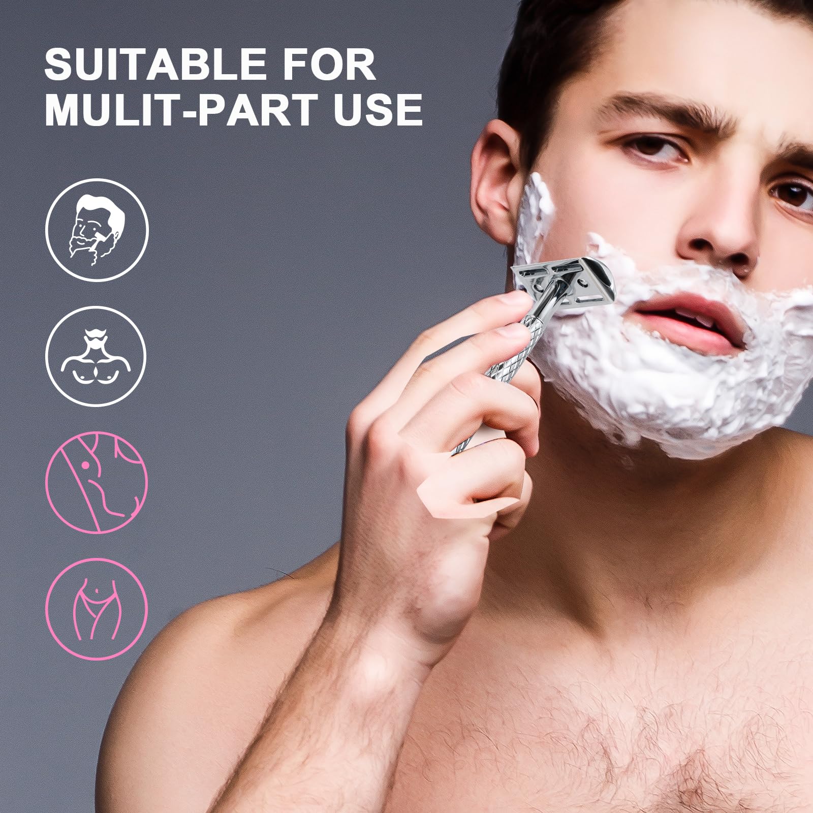 THE GROOMING SOCIETY Double Edge Safety Razor for Men with Stand and Silicone Cover - Durable Metal Eco-Friendly Single Blade Safety Razor with 10 Blades- Closed Smooth Shave (Silver)