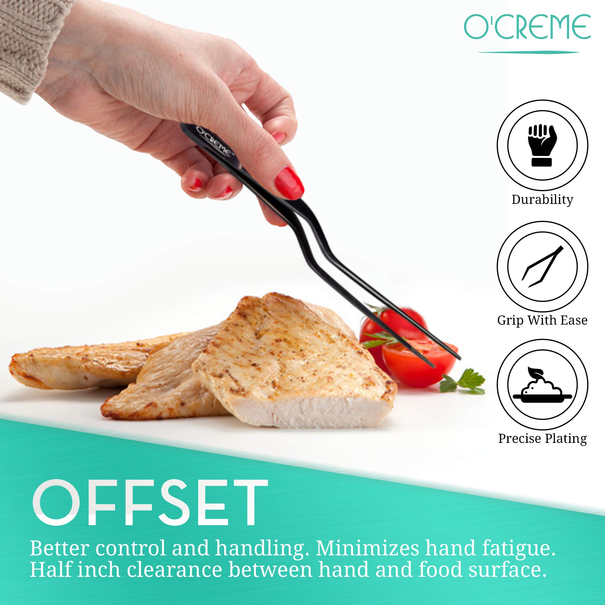 O'Creme 8 Inch Black Stainless Steel Precision Kitchen Culinary Offset Tweezer Tongs