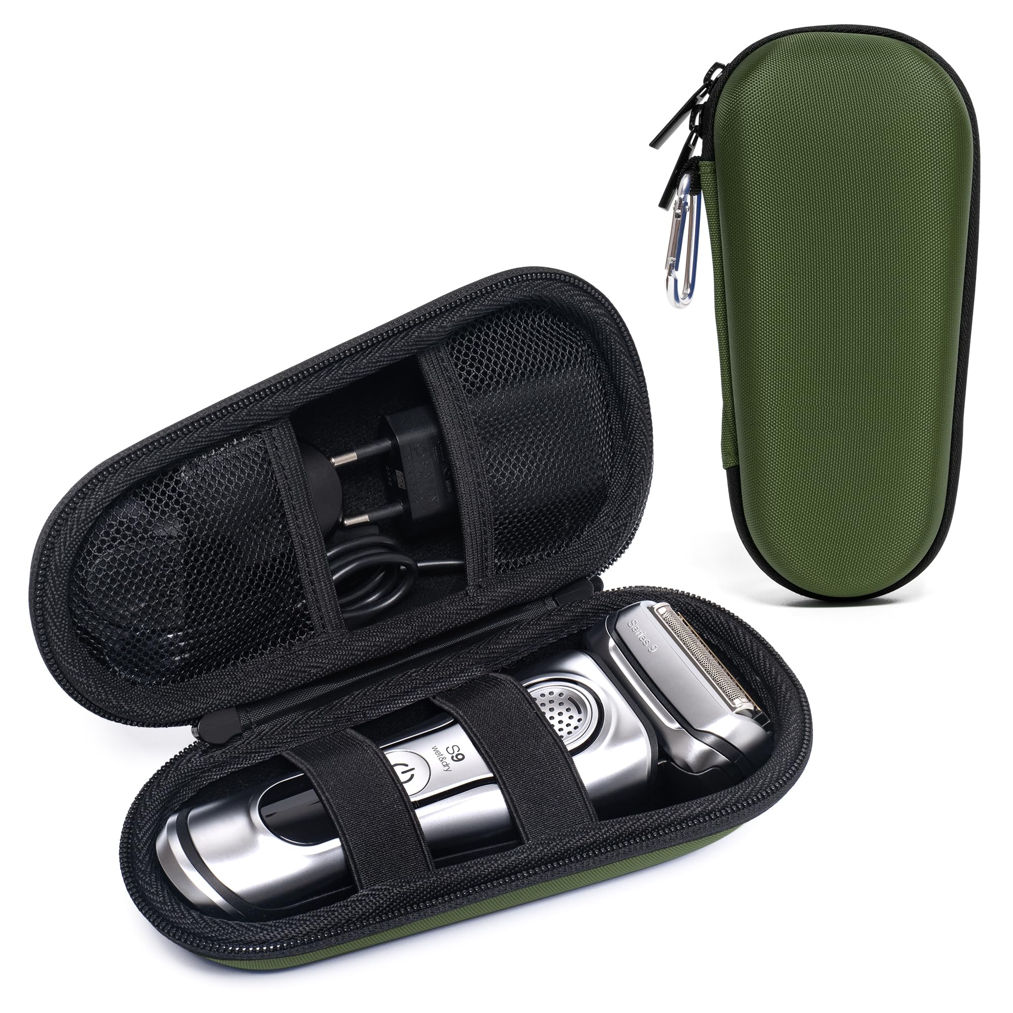 Electric Shaver Travel Case for Braun Series 3/5/6/7/8/9, Hard EVA Storage Bag with Dual Straps, Portable Protective Organizer for Men's Electric Razor, Charger & Accessories, Olive Green