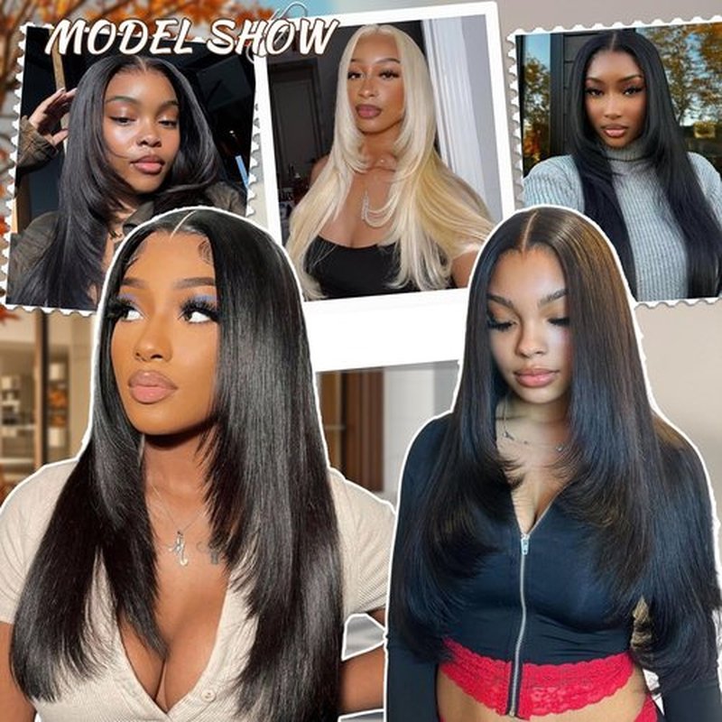 Su Mei.s 13X4 Black Synthetic Lace Front Wig Long Straight Glueless Wigs for Women HD lace layered Pre Plucked Hairline (1B Black, 13X4)