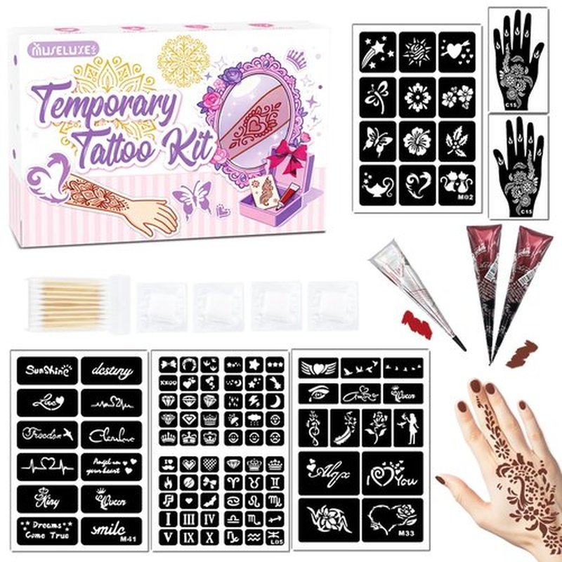 Temporary Tattoo Kit for Teens & Adults – 3 Tattoo Pastes (2 Brown+Cherry Red), 100pcs Reusable Stencils, Outline Pen, Long Lasting Waterproof Body Art, DIY Skin Painting for Festivals, Parties Makeup
