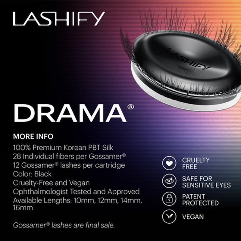 Lashify Drama 16mm Gossamer Eyelash Extensions Refill, Black, Easy DIY False Lashes for a Natural Look