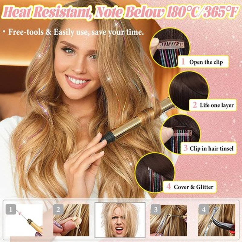 Hair Tinsel Clip in Dreamy Colorful Fairy Hair Tinsel Kit, 12 Pcs 24 Inch Glitter Clip in Hair Extensions for Girls Women Kids Christmas New Year Festival Party (Dreamy Colorful)
