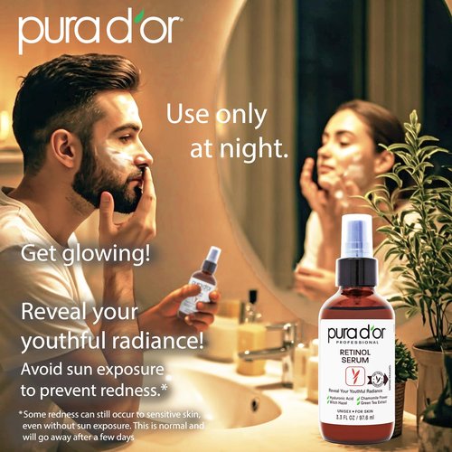 PURA D'OR Retinol Serum Nighttime Facial Skincare – 3.3 oz Overnight Treatment Featuring Aloe Vera Botanical Extracts, Lightweight Fast-Absorbing Hydration for Smoother-Looking Texture, Tone, Radiance