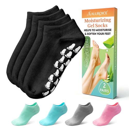 Silicone Moisturizing Socks for Women Men Large- 2Pairs Foot Moisturizer Socks for Dry Cracked Feet- Black Aloe Spa Moisture Hydrating Foot Care Socks (L Up to Size 12)