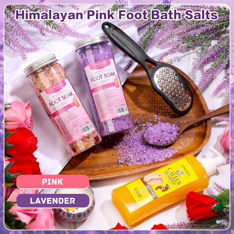 XIWEIOO Himalayan Pink FOOT SOAK SALT Kit Tea Tree Oil - Moisturize, Foot Odor cream spa bath massager Epsom Salt foot pedicure at home spa Callus Remover Gel Kit Foot file tools