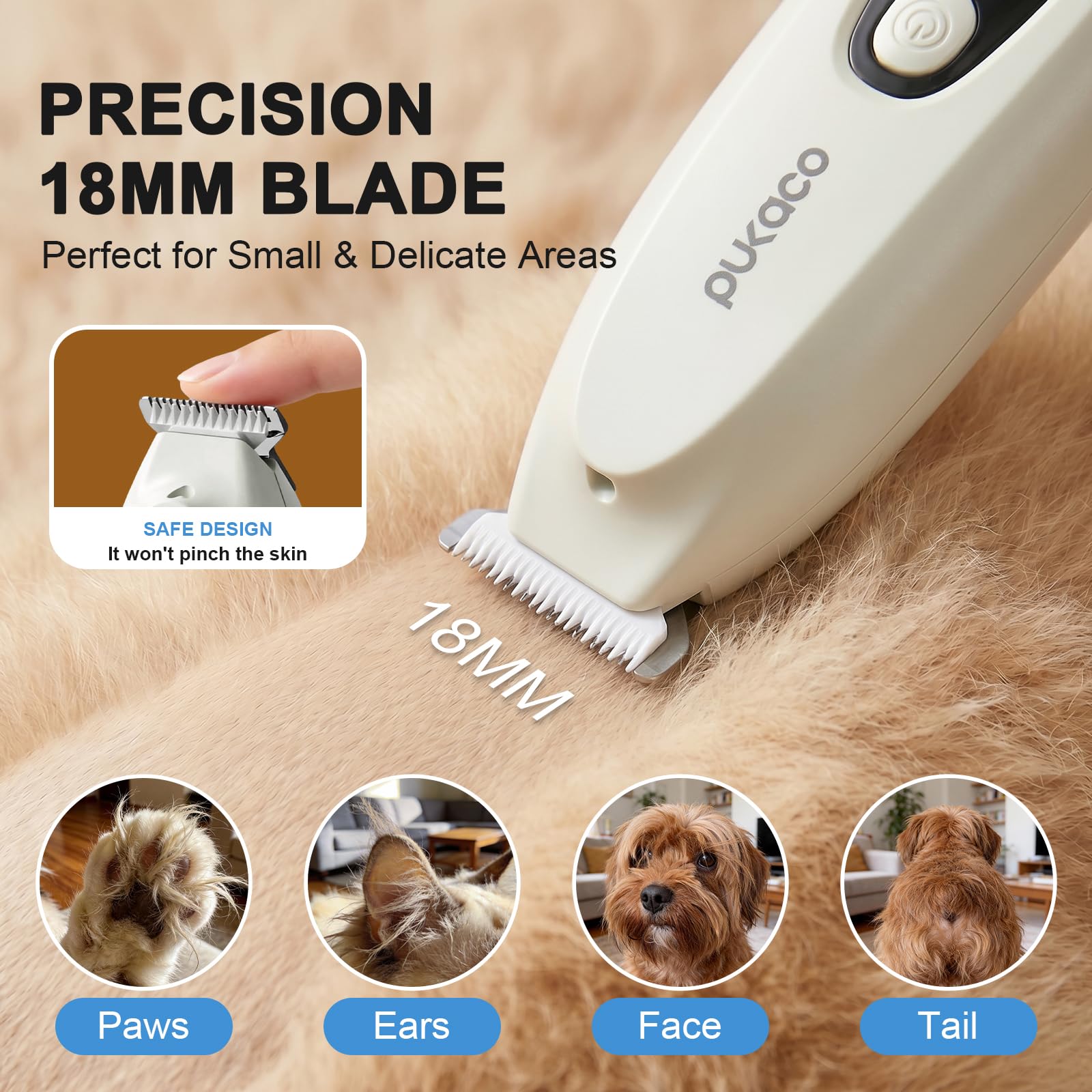 PUKACO 2026 Upgraded Dog Paw Trimmer with LED Light, Low Noise Small Pet Hair Trimmer 18mm Wide Curved Blade, 35dB Cordless Waterproof Pet Paw Grooming Clippers for Dogs, Cats, Paws, Ears, Face, Rump