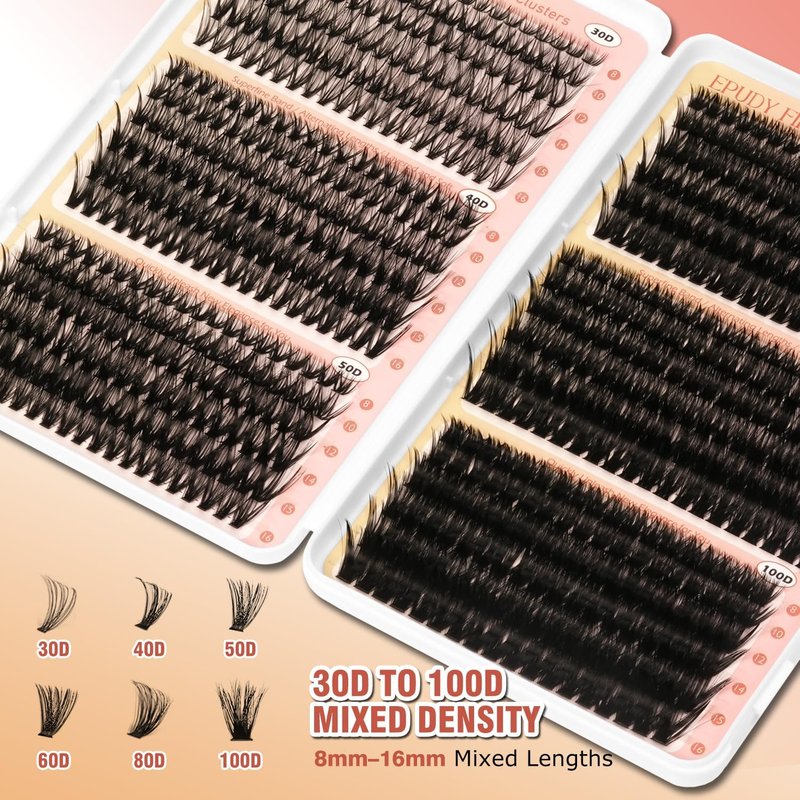 Volume Lash Clusters Kit 30-100D DIY Eyelash Extension 708pcs Thick Individual Lashes 8-16mm with Lash Bond and Seal, Tweezers, Brush, Super Thin Band False Eyelashes EPUDY FIHSALA