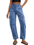 Eddoyee Barrel Jeans Women Cargo Ankle Pants Wide Leg High Waisted Casual Baggy Utility Denim Trousers with 6 Pockets