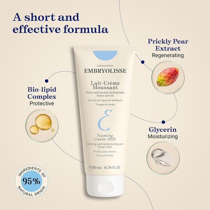 Embryolisse Foaming Cream Milk - Hydrating Soap-Free Cleanser for Face & Body | 6.76 Fl Oz