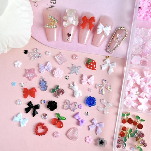 3D Flowers Nail Charms Y2K Kit, Metal Butterfly Cherry Colorful Bow Nail Charms for Nails Art Gems, Flatback Pearls Charms for Nails Bows Manicure DIY Crafts Jewelry Nail Accessories