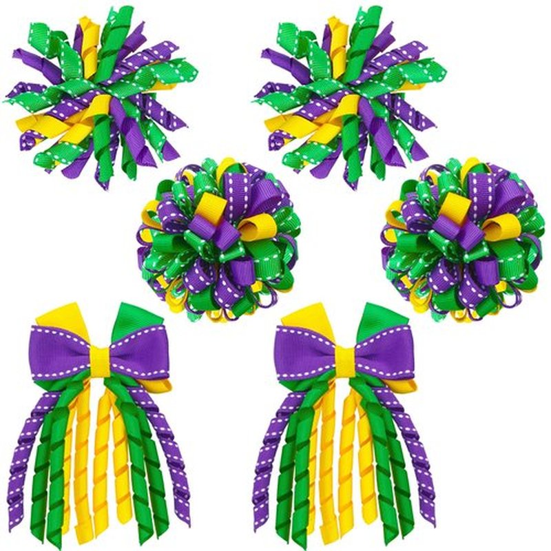 JUNEBRUSHS Mardi Gras Hair Bows Clips for Girls, Curly Bows with Alligator Clips, Purple Yellow Green Ribbon Hair Clip, Mardi Gras Accessories Favor Gifts for Girls