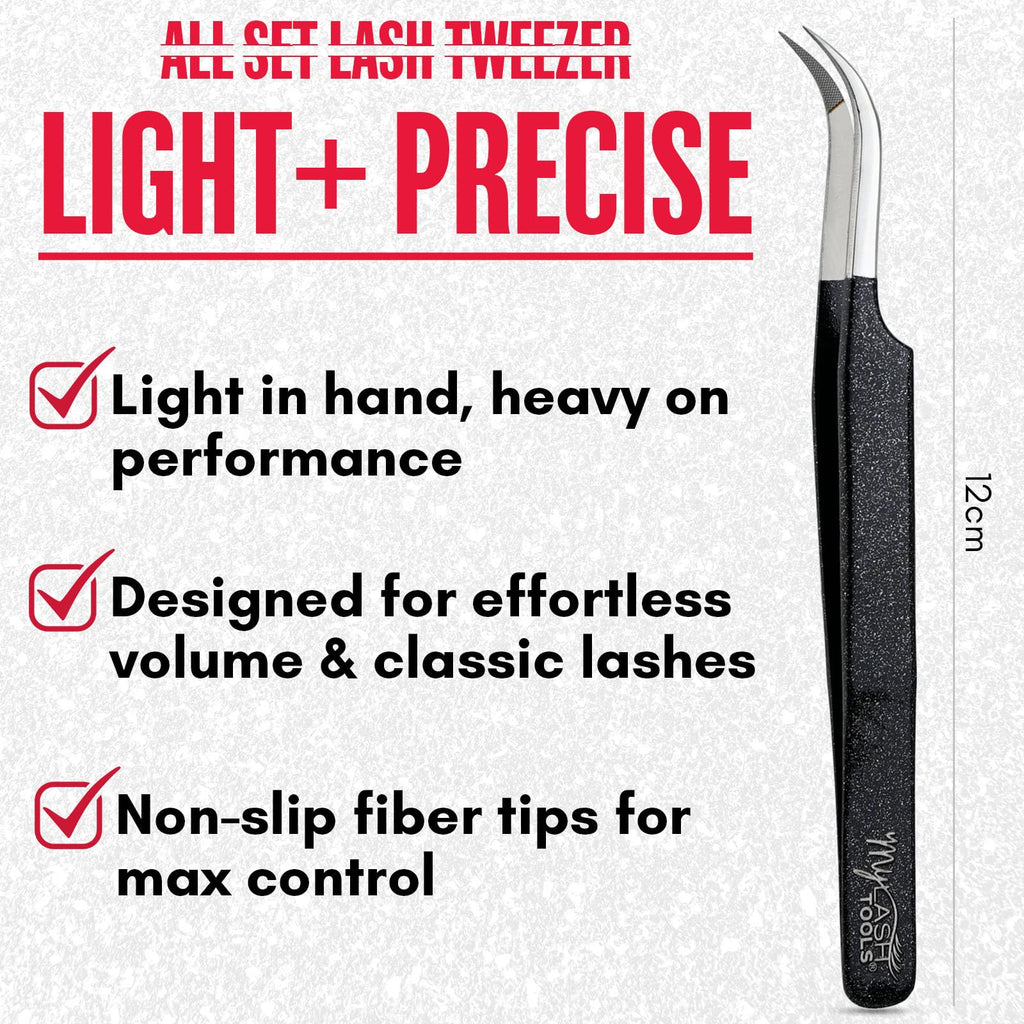 My Lash Tools Curved Classic Fiber Tip Lash Tweezers – 12cm Eyelash Extension Tweezer with Fine Curved Nano Grip Tip, Stainless Steel, Non-Slip Handle (Black)