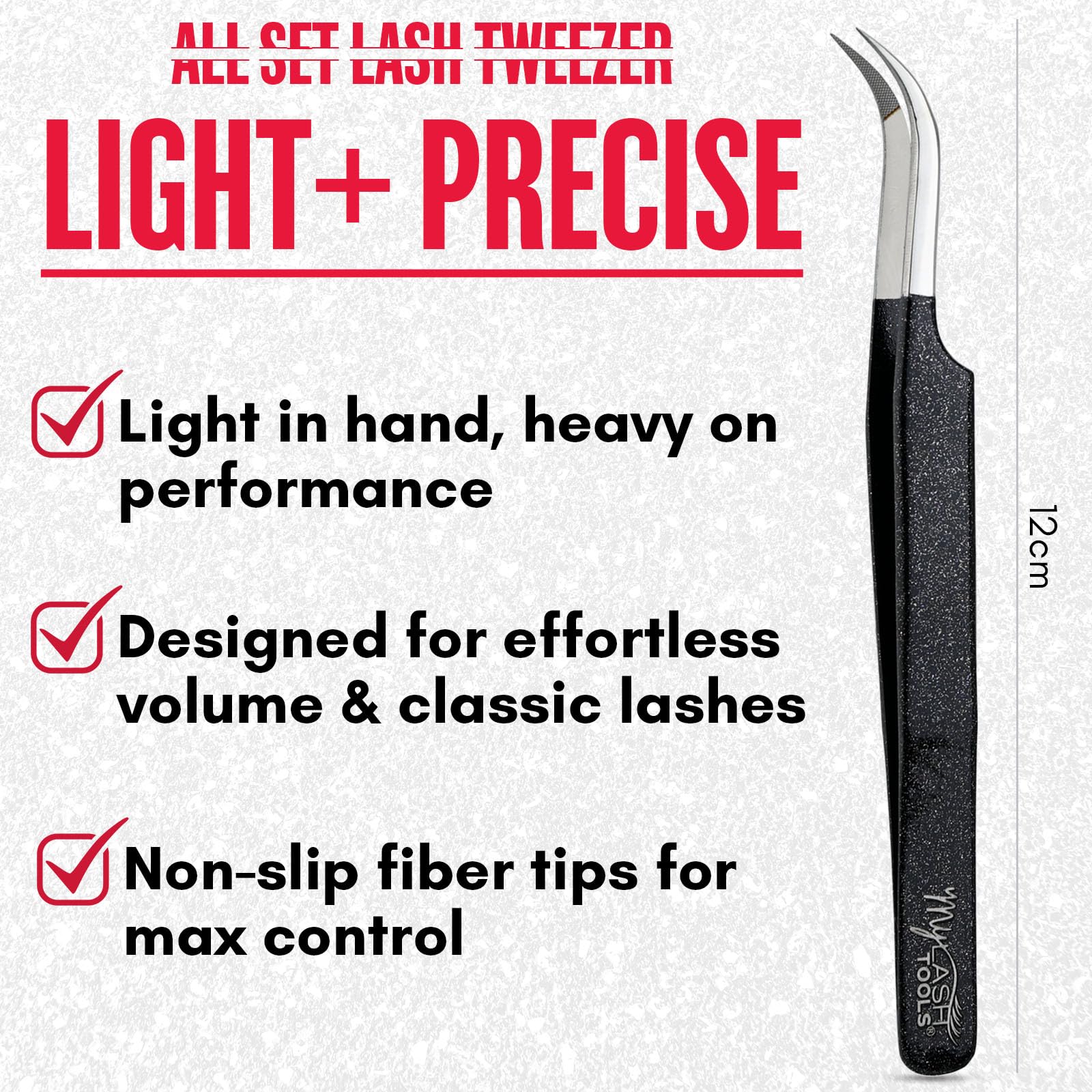 My Lash Tools Curved Classic Fiber Tip Lash Tweezers – 12cm Eyelash Extension Tweezer with Fine Curved Nano Grip Tip, Stainless Steel, Non-Slip Handle (Black)
