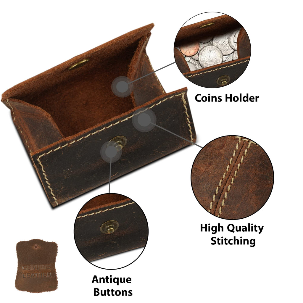 CestAntiQ, Leather Coin Pouch, Change Holder, Mini Pocket Wallet for Men & Women, Vintage Handmade Brown Leather with Antique Button Closure, Natural Threads, Compact Wallet for Coins & Small Items