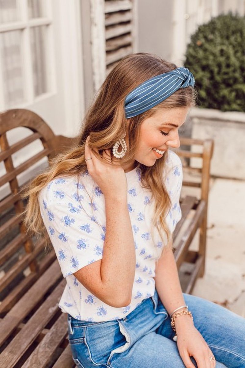 Huachi 4 Packs Denim Blue Knotted Headbands for Women Girls Womens Hairbands Fashion Star Independence Day Hair Accessories Cute Stripe Floral Printed Head Bands for Women’s Hair Non Slip