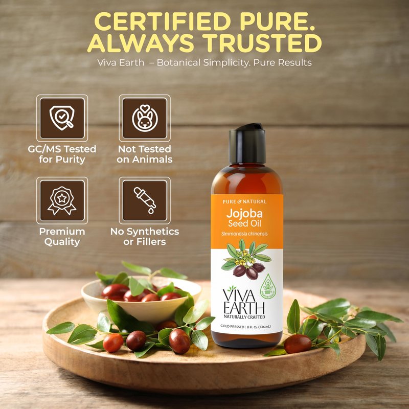 Viva Earth Jojoba Oil – 100% Pure and Natural Cold Pressed Jojoba Oil for Hair Growth, Skin, Beard, Body, Cuticles, and DIY Carrier Blends – Lightweight, Fast-Absorbing Cosmetic Oil, 8 oz