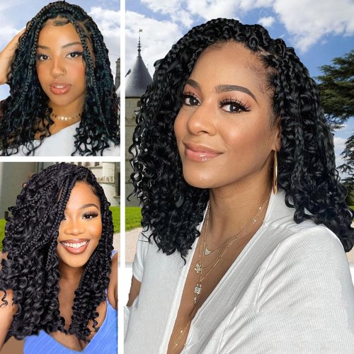 LMZIM 14 Inch Goddess Box Braids Crochet Hair for Black Women - 8 Packs Synthetic Hair Extension,Bohemian Boho Box Braids Crochet Braid Curly Ends1B