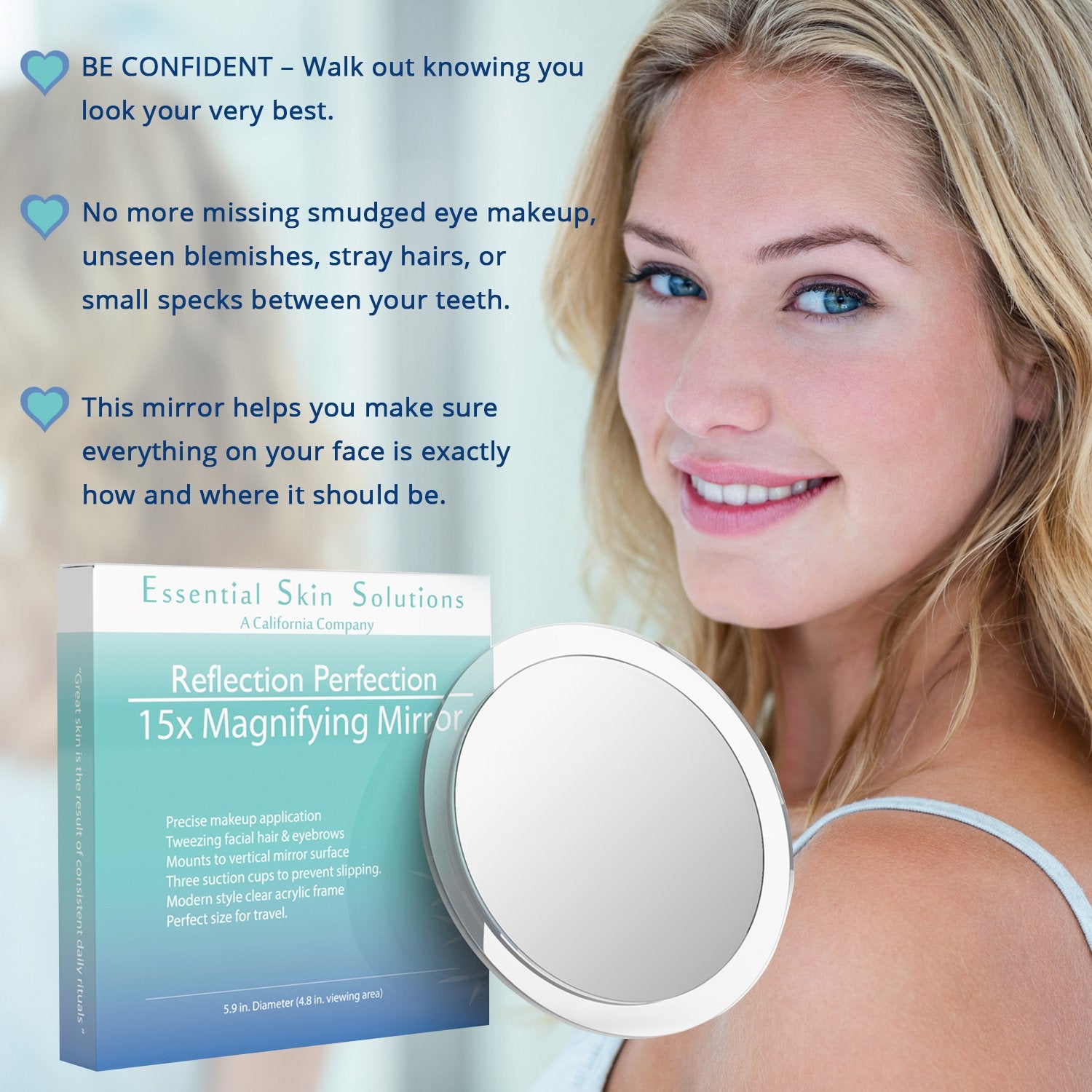 15X Magnifying Mirror – Use for Makeup Application - Tweezing – and Blackhead/Blemish Removal – 6 Inch Round Mirror with Three Suction Cups for Easy Mounting - Great for Travel