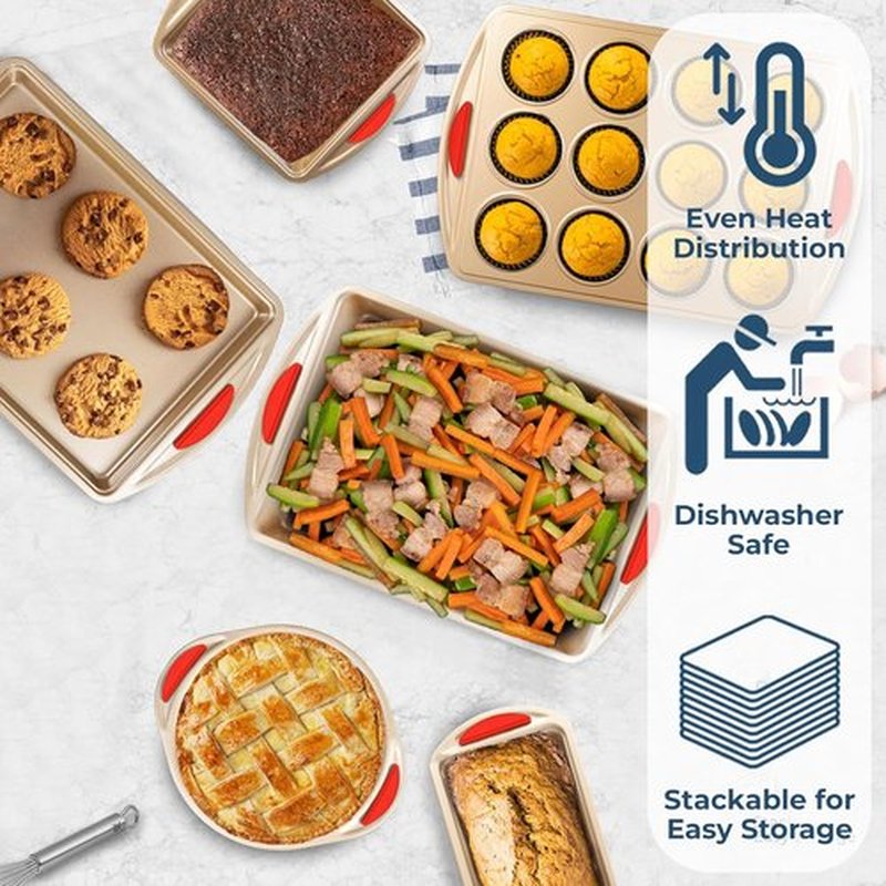 Perlli Baking Kit - Nonstick Gold Steel Oven Set with Silicone Handles | 6-Piece Bakeware Collection