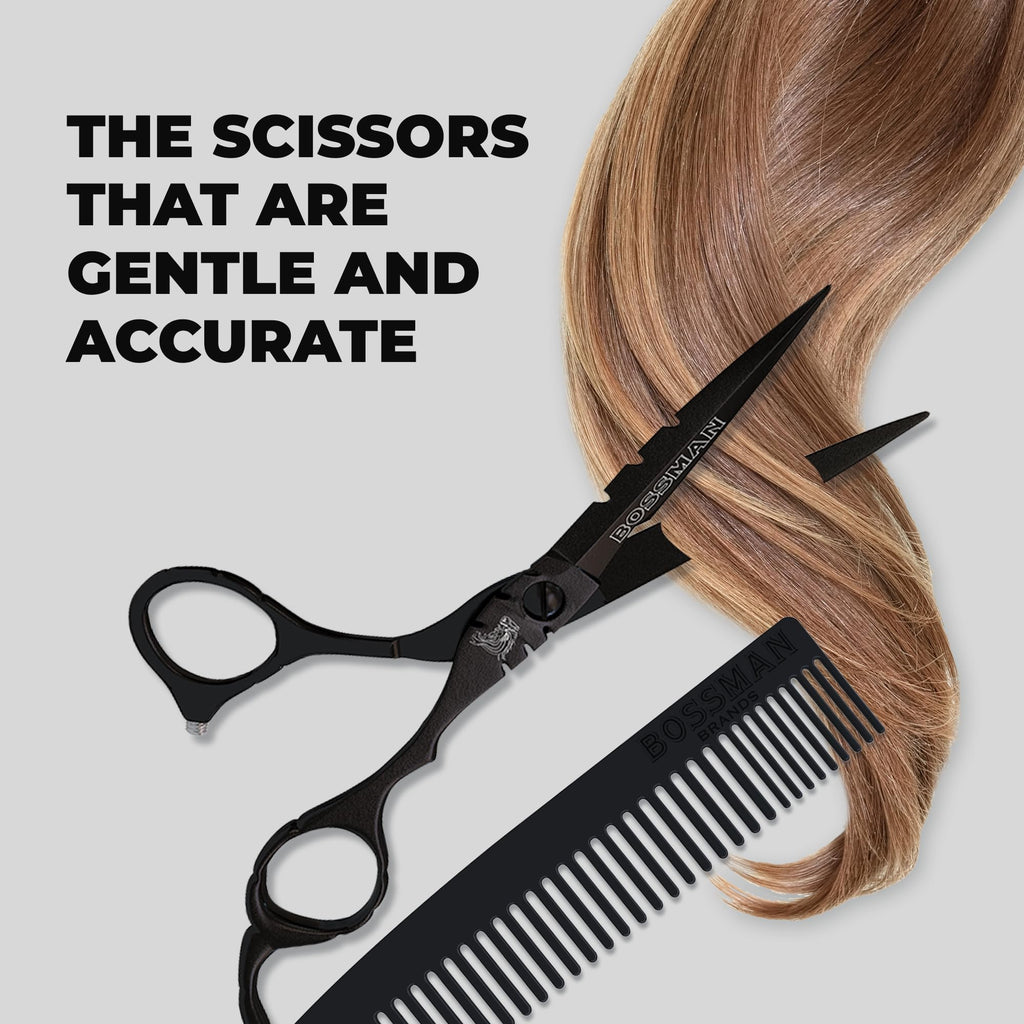 Bossman Professional Barber Scissors - 5.5 inch - Black Stainless Steel Hair Shears - Beard and Mustache Scissors for Men - Barber Shears for Hair Cutting and Trimming